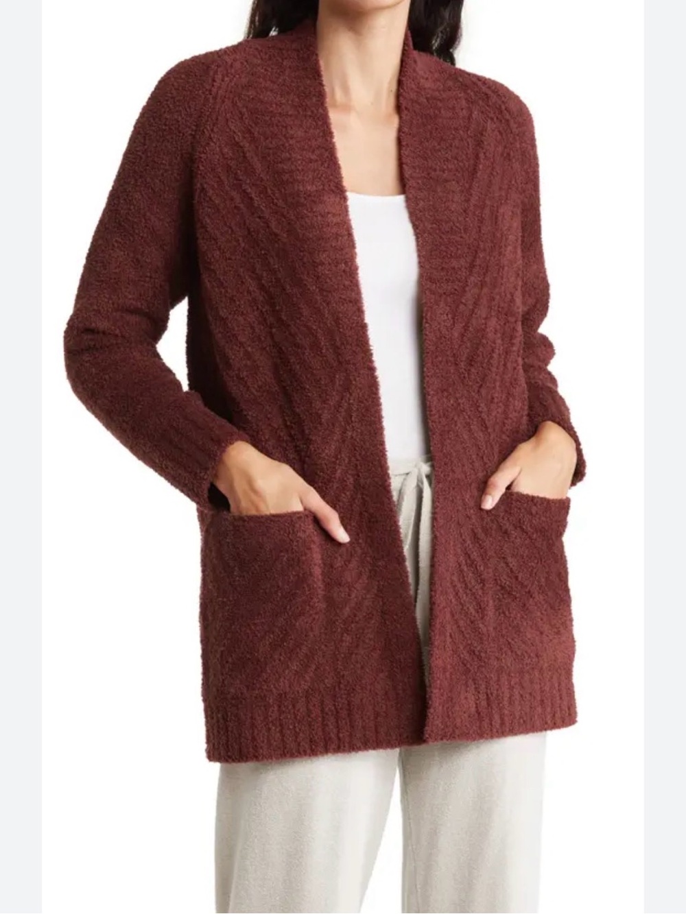 Barefoot Dreams Directional Ribbed Open Front Longline Cardigan Sweater Brown XL